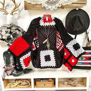 Artisan Granny Square boho cocoon kimono/shawl w Gypsy sleeves western vibe